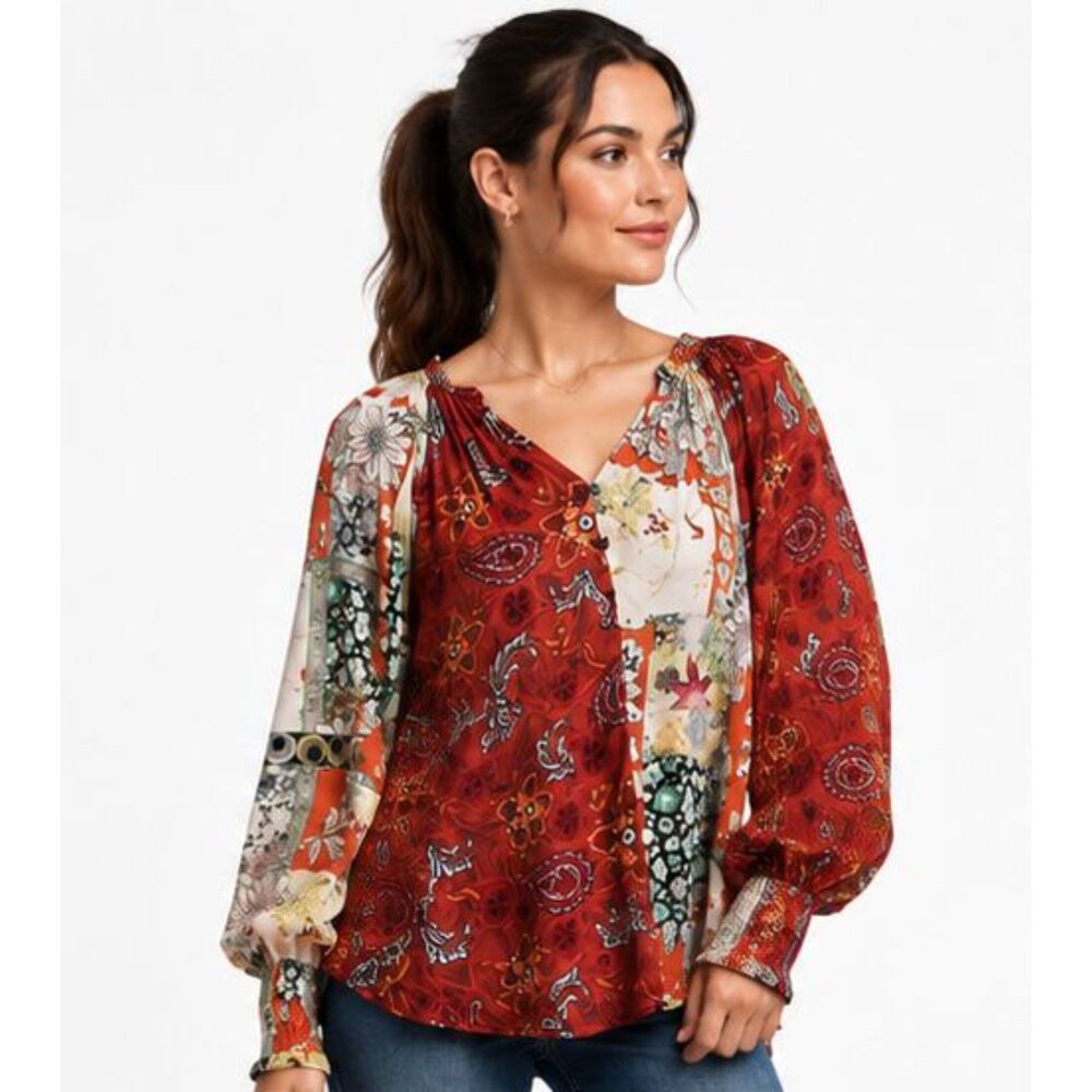 New GIGIO M 8 10 Byzantine Garden Mixed Print V Neck Flowy Hi-Low Hem Tunic Top